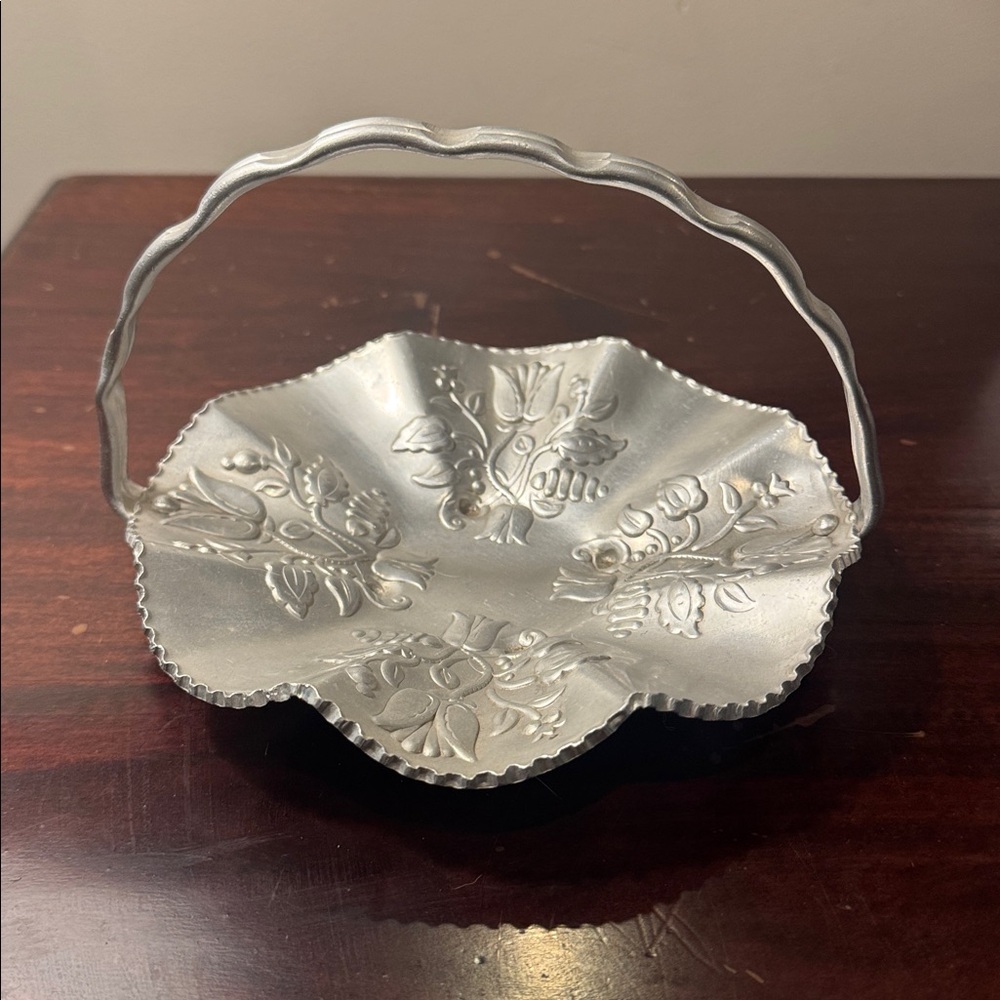 1930's Aluminum Small Basket with Fluted Edge Handle Pretty Floral Design